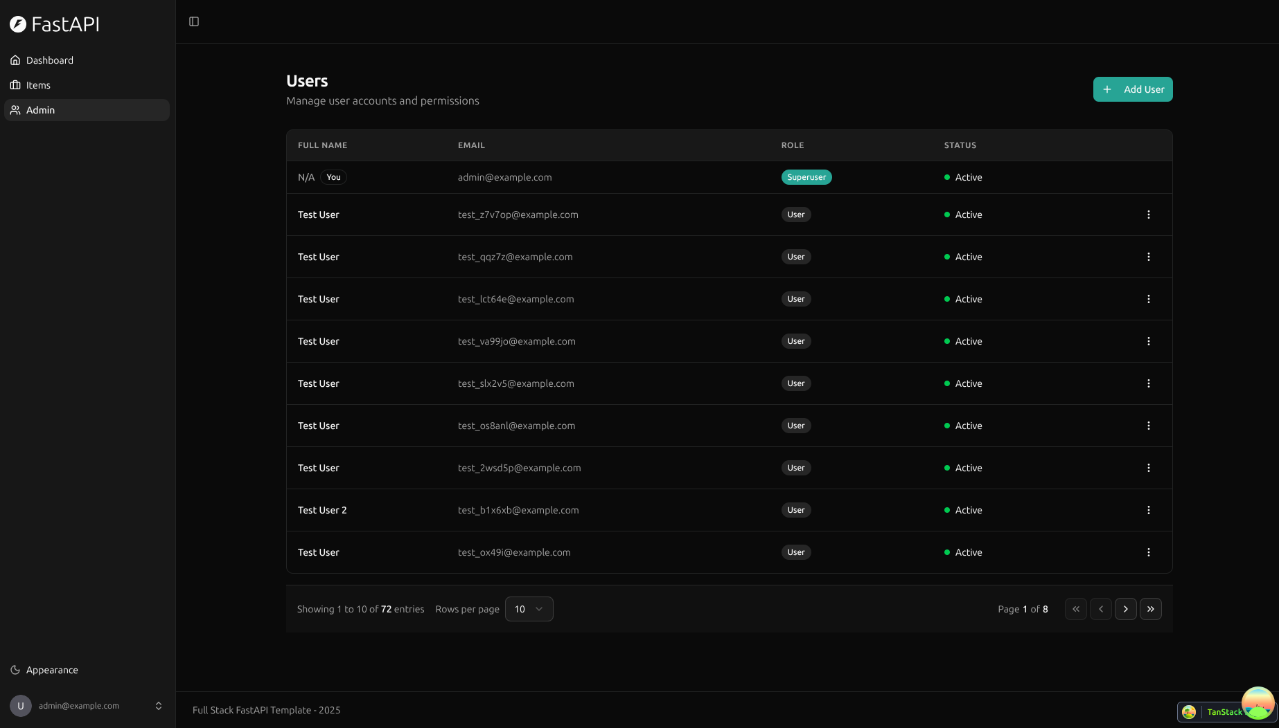 FastAPI dashboard dark